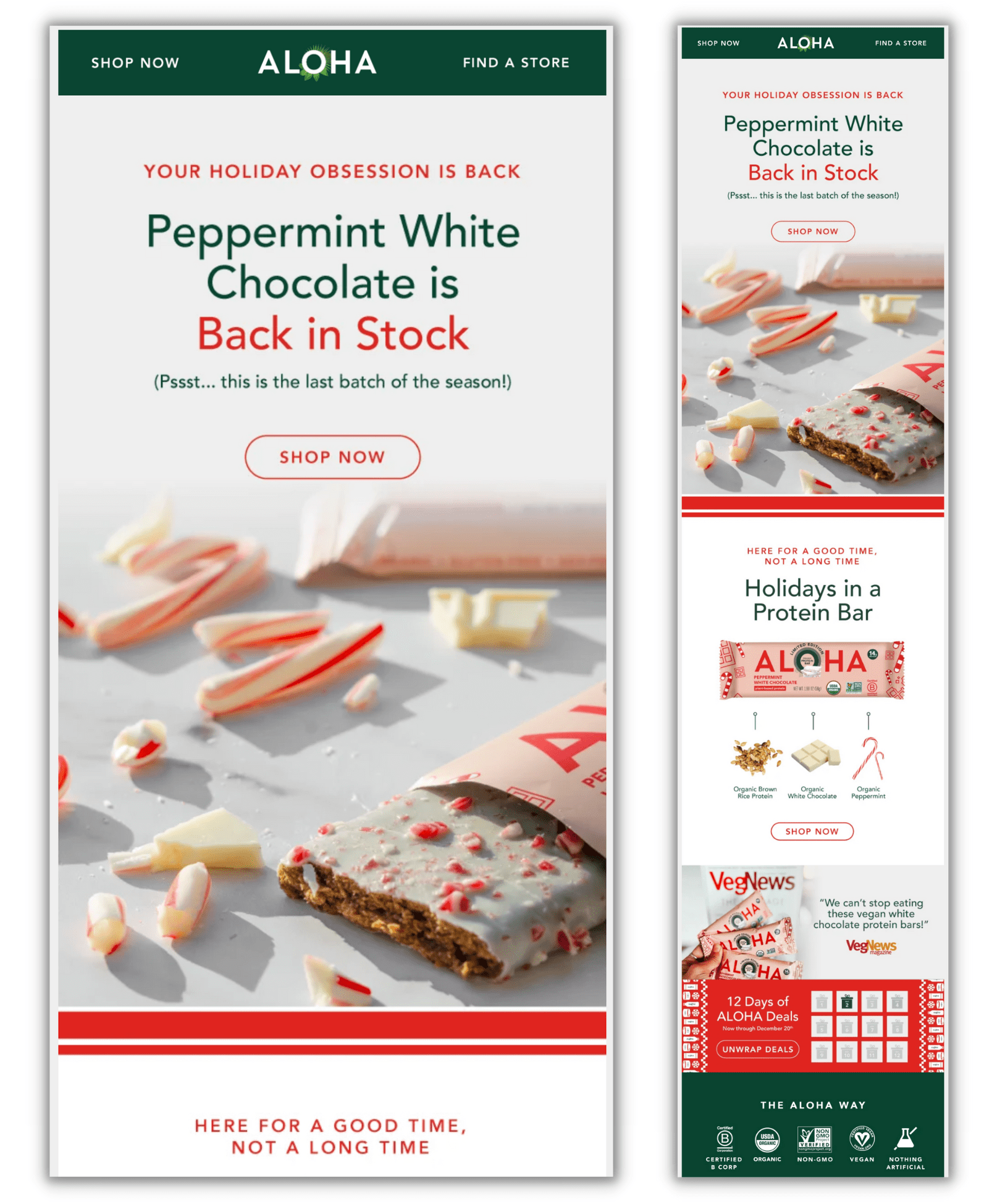 Email featuring an image of a protein bar partially opened, surrounded by peppermint candy pieces, and the title "Peppermint white chocolate is back in stock"