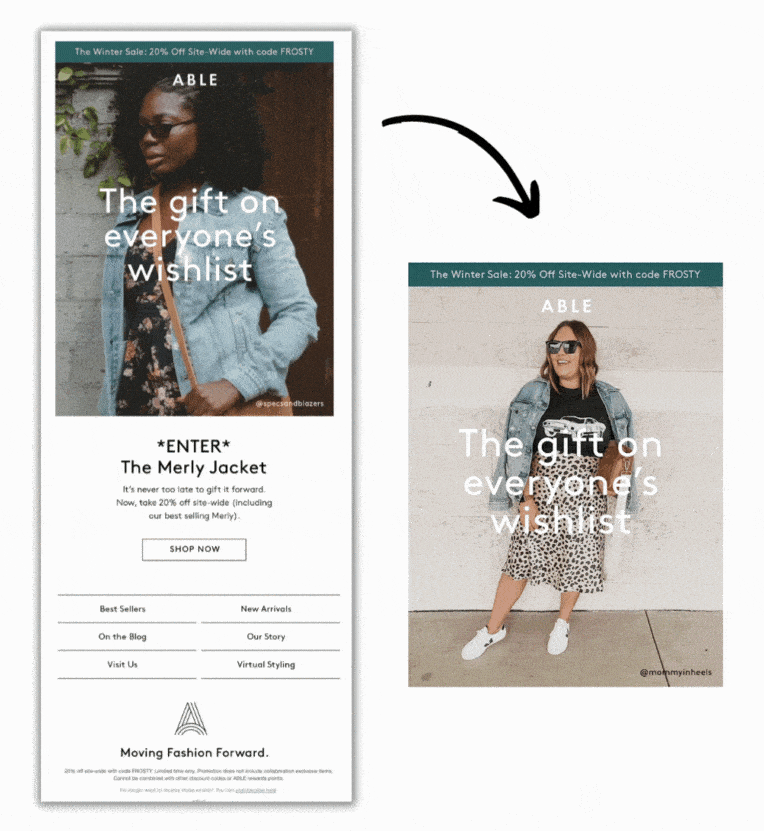 Email featuring a woman in a denim jacket, with the title "The gift on everyone's wishlist" and an arrow pointing toward a rotating animated gif of other women wearing the same jacket