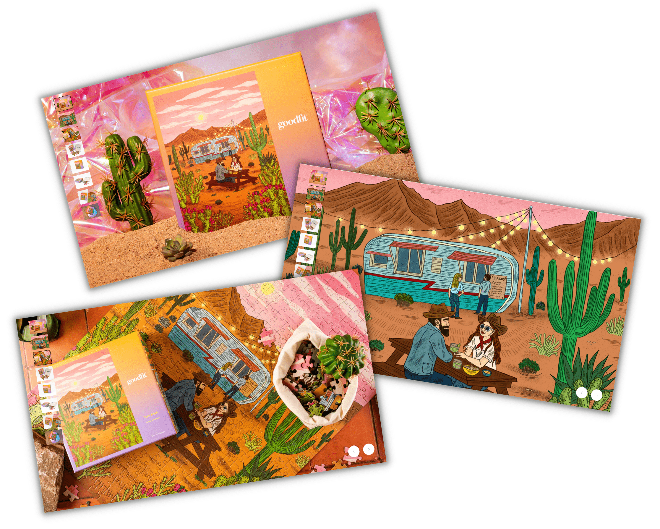 Three photos showing the same puzzle from different perspectives: the box, the puzzle shown as completed, and the completed puzzle, box and bag of puzzle pieces
