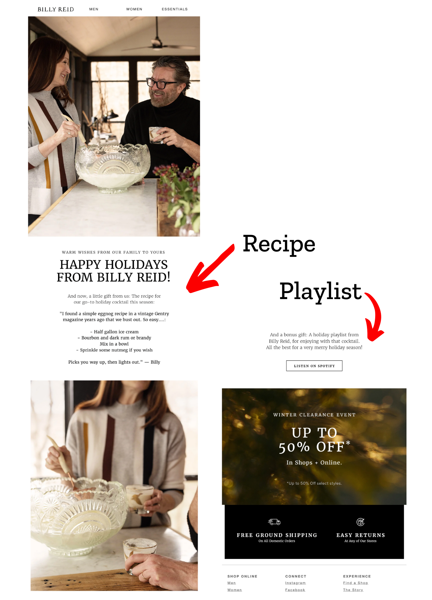 Email featuring a photo of two people around a punch bowl followed by "happy holidays from billy reid!"