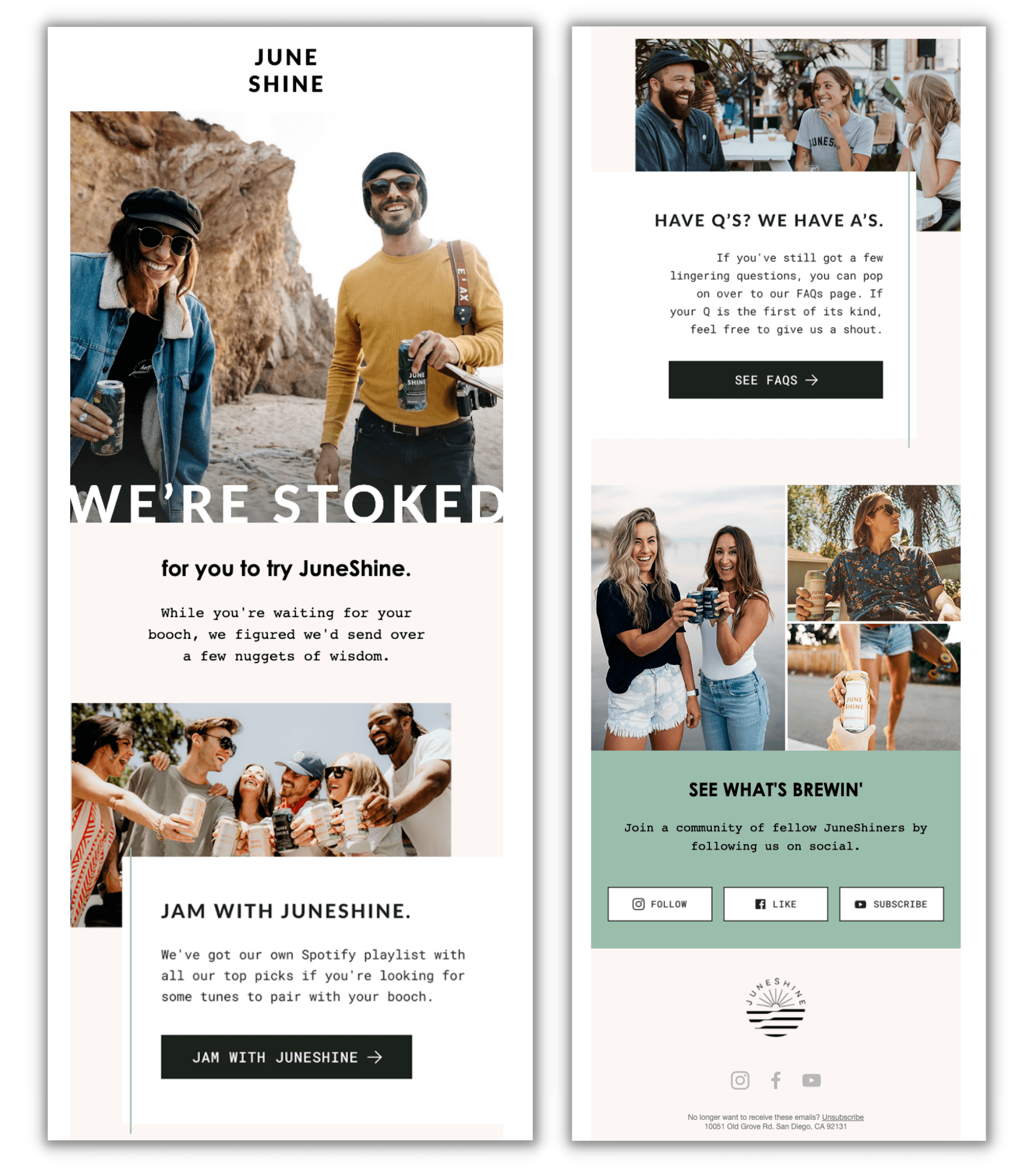 Screenshot of email featuring headline "We're stoked" for you to try JuneShine along with photos of people and the brand's beverages