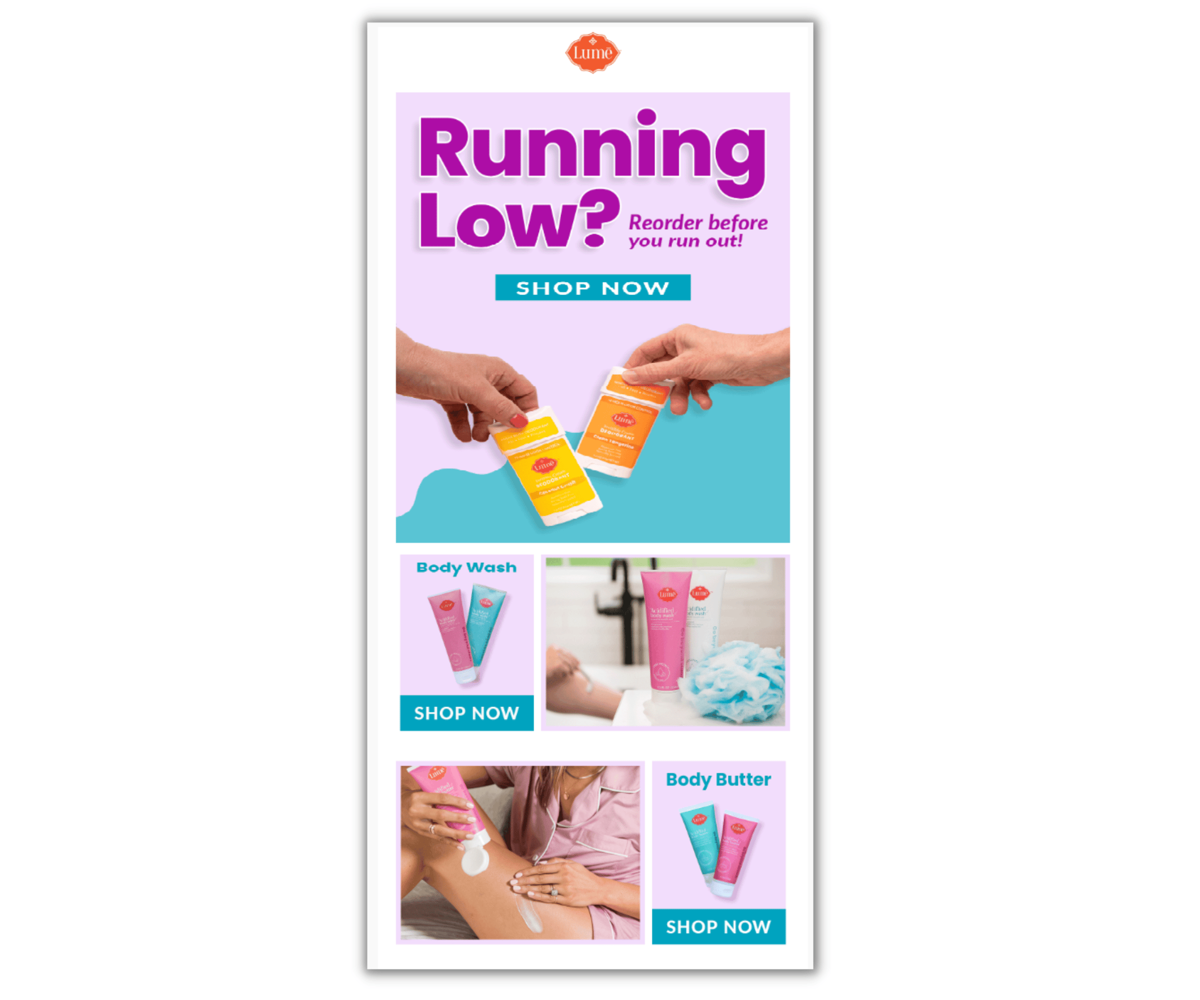 Screenshot of email featuring the headline "Running low?" with product photos