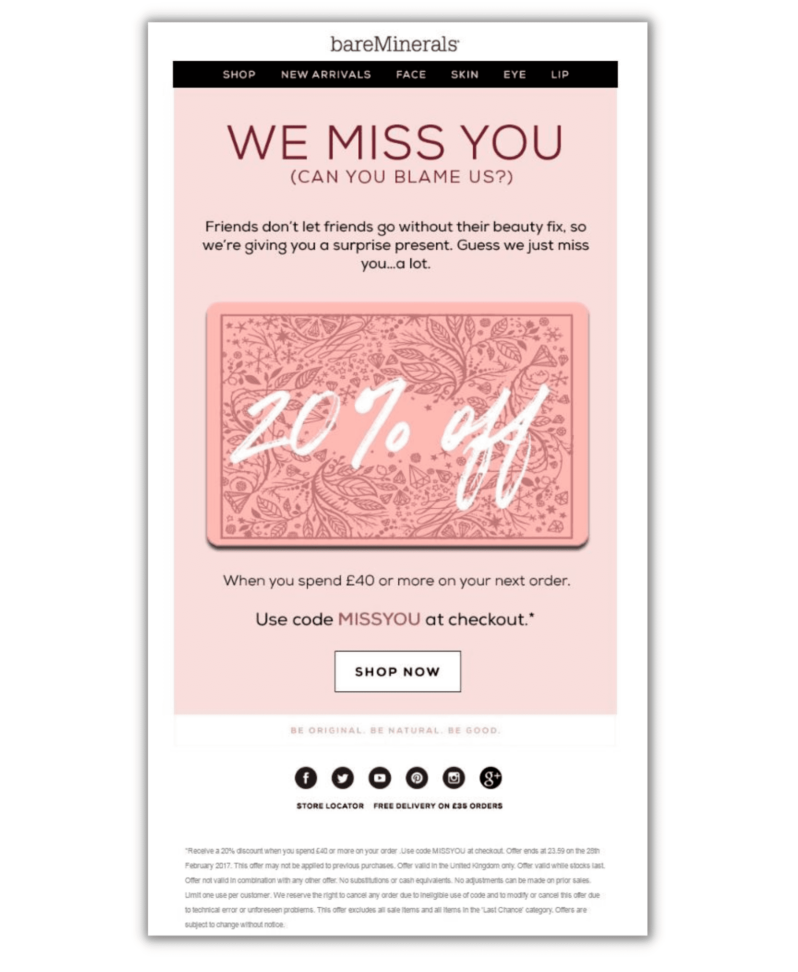 Screenshot of email with the headline "We miss you (can you blame us?)" and image of 20% off