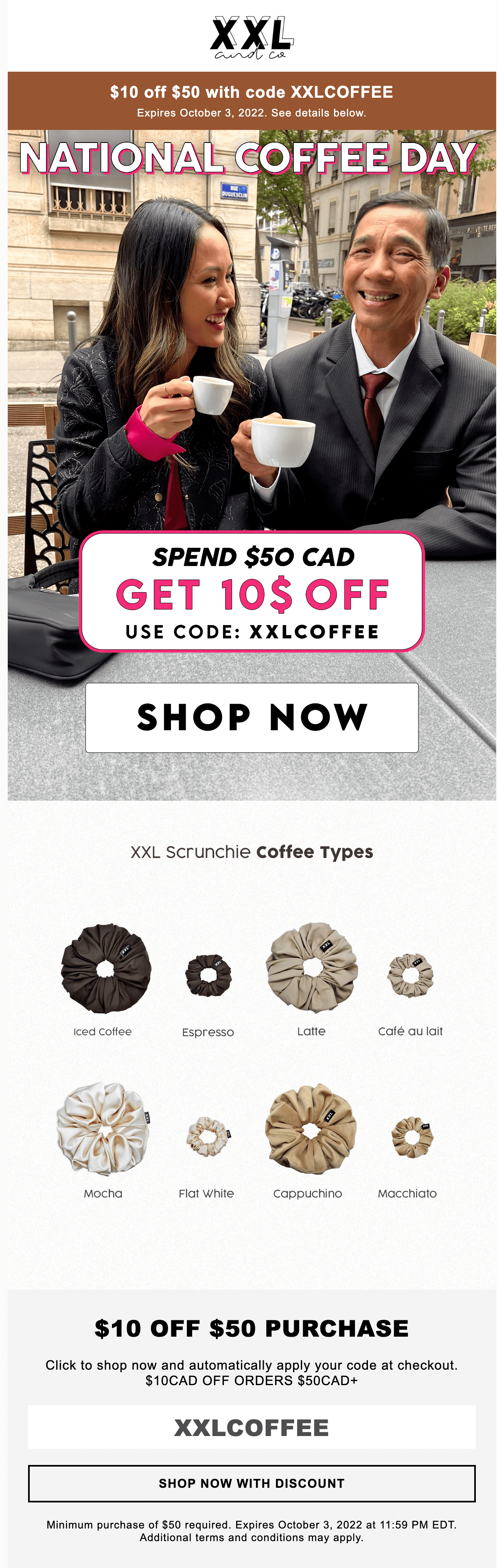 Email screenshot with the headline 'National Coffee Day' and featuring a photo of two people drinking coffee