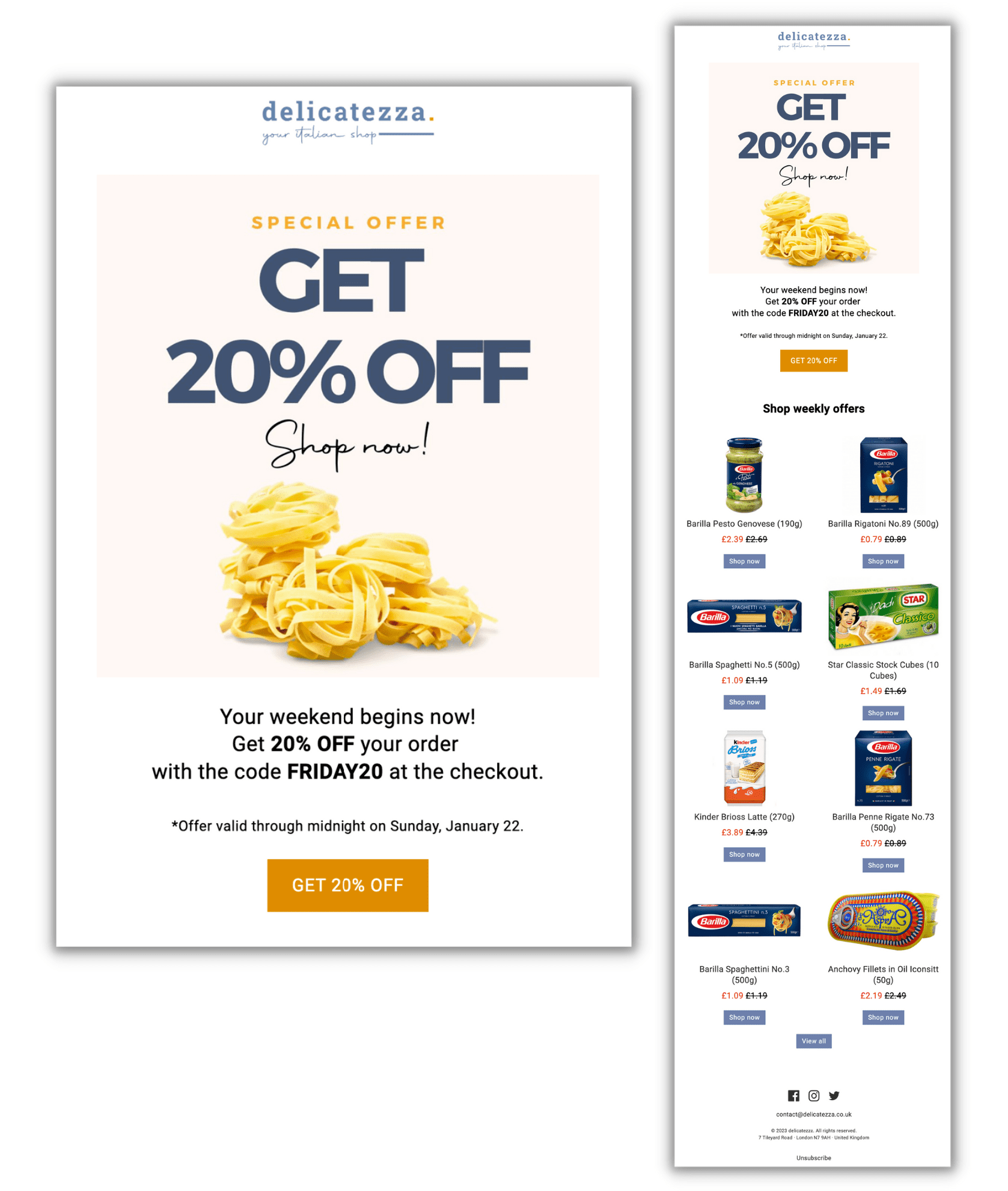 Email screenshot with the headline 'Get 20% off' with a photo of pasta noodles