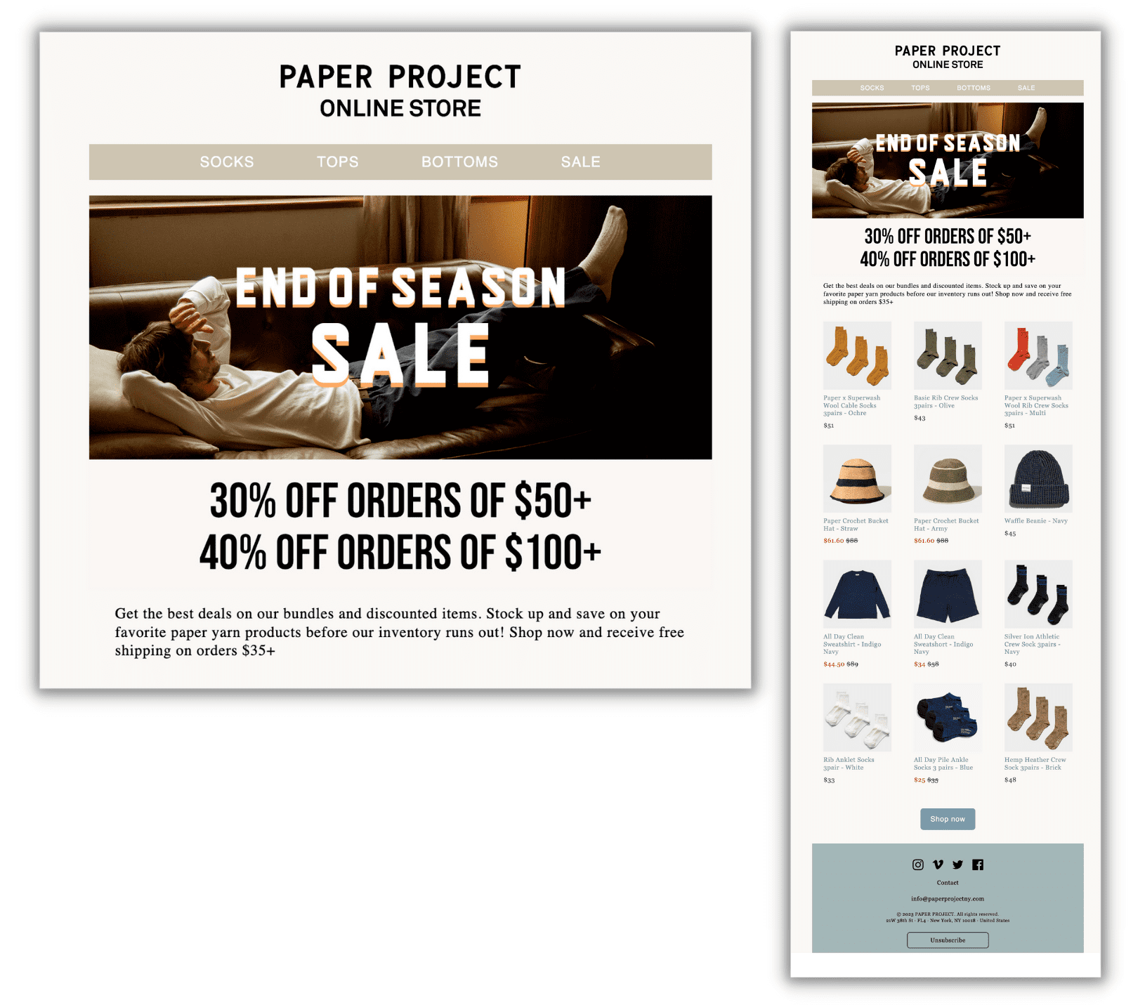 Email screenshot with the headline "end of season sale' folllowed by 30% off orders of $50+ and 40% off orders of $100+