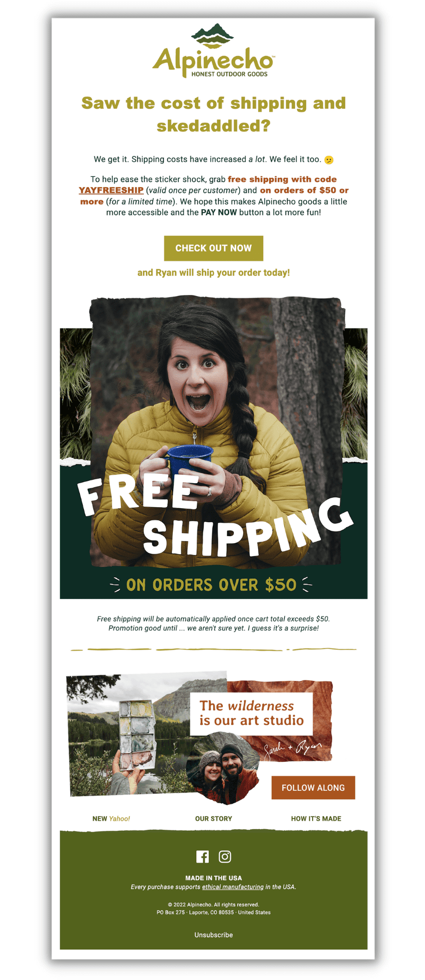 Email screenshot with the headline 'Saw the cost of shipping and skedaddled?' along with a photo of a woman holding a mug and the words "free shipping' overlaid