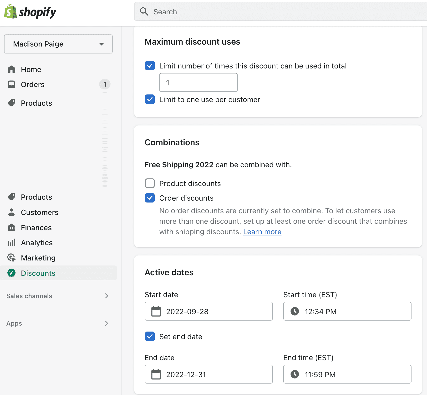 Screenshot of building a discount code in Shopify