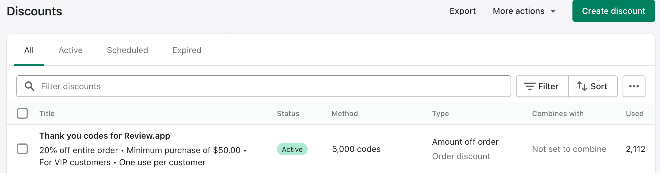 Screenshot of discount reporting with Bulk Discount Code Bot