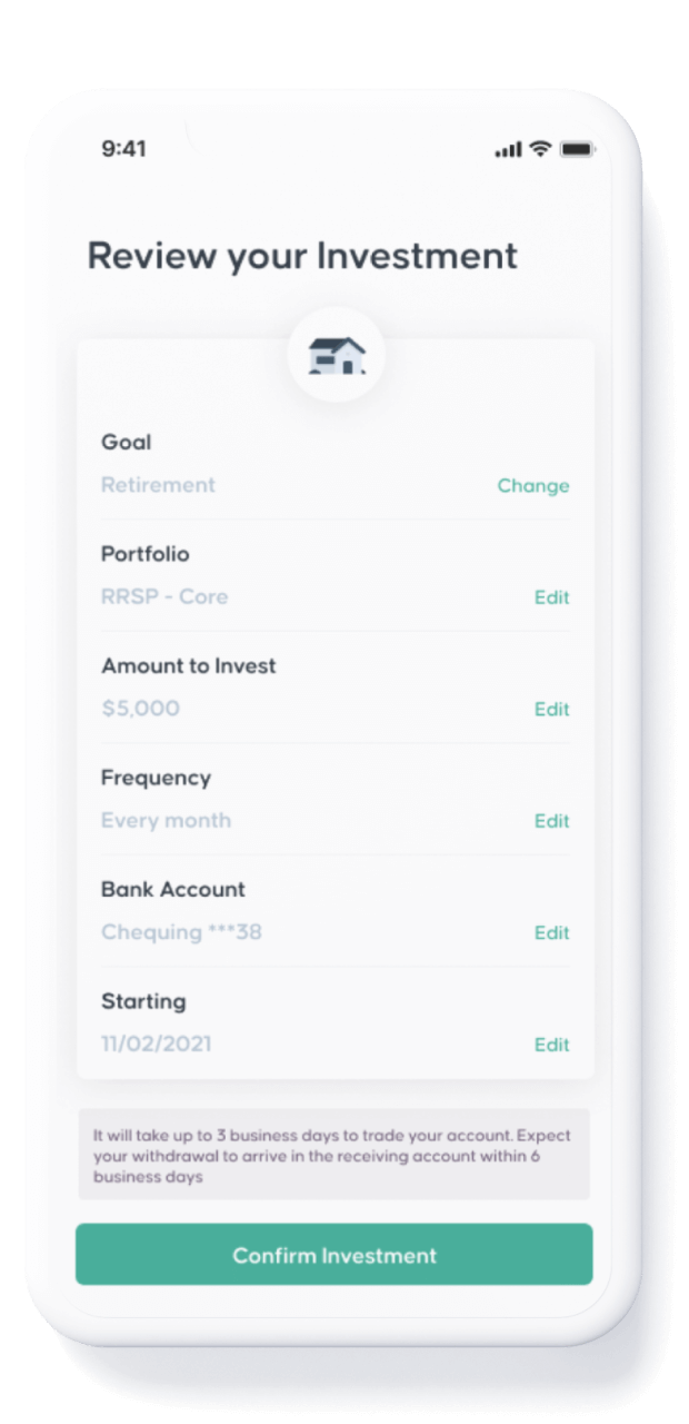 Screenshot of an app showing an investment transfer setup