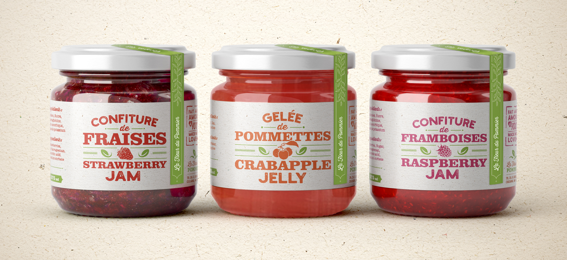 Jam packaging for La Fleur du Pommier (strategy, design, branding, marketing communication, web, advertising)