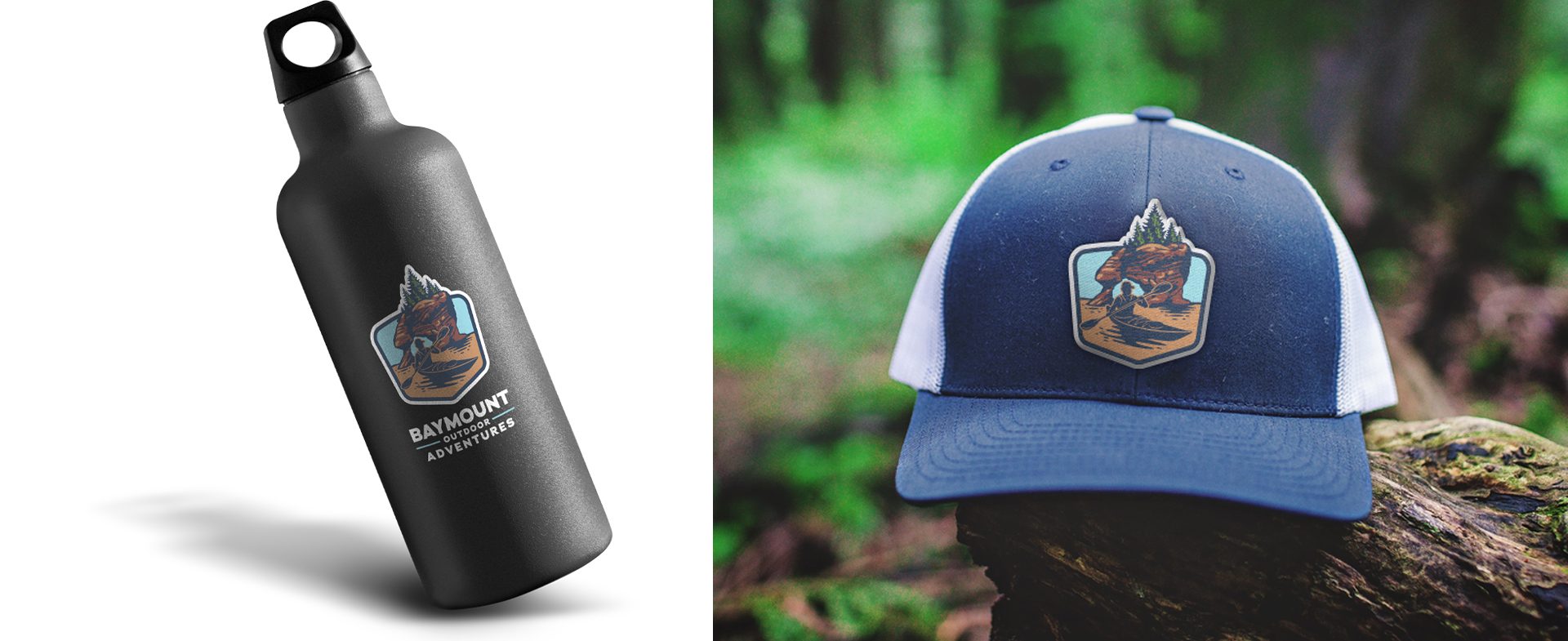 Promotional items (bottle and hat) for Baymount Outdoor Adventures. (strategy, design, branding, marketing communication, web, advertising)