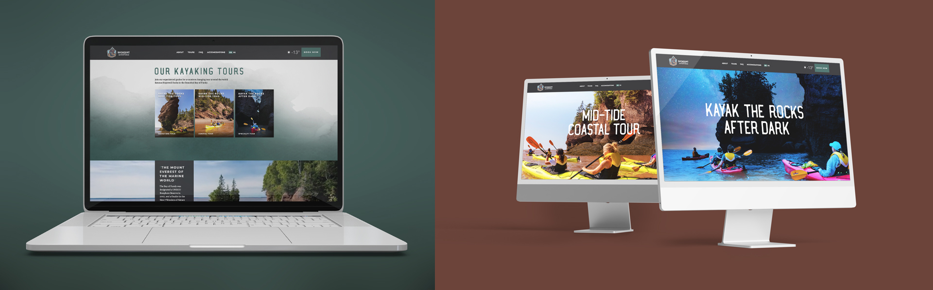 Two computers with the webpage designs of Baymount Outdoor Adventures' website in them (strategy, design, branding, marketing communication, web, advertising)