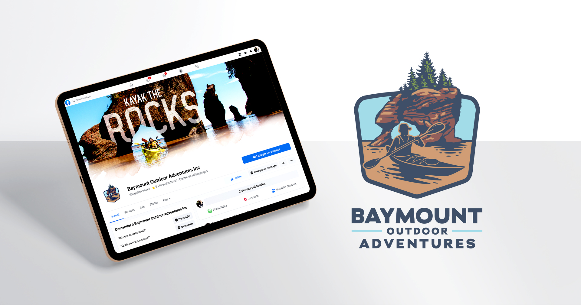 Baymount Outdoor Adventures' Facebook cover and logo. (strategy, design, branding, marketing communication, web, advertising)