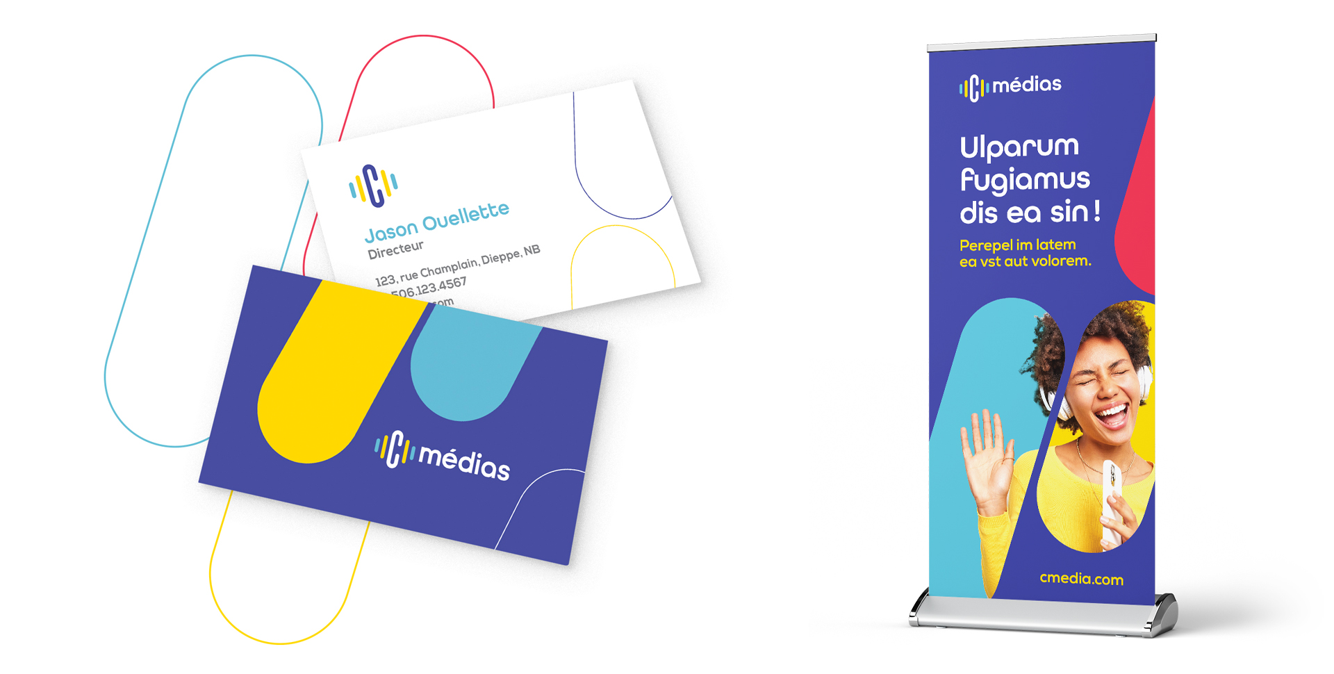 To the left: C Media business cards. To the right: banner for C Media