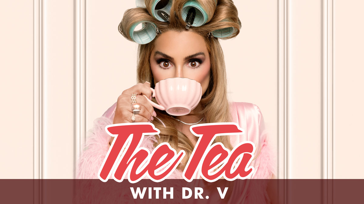 Dr. Venus Nicolino in pink silk robe with curlers in her hair for The Tea with Dr. V Podcast