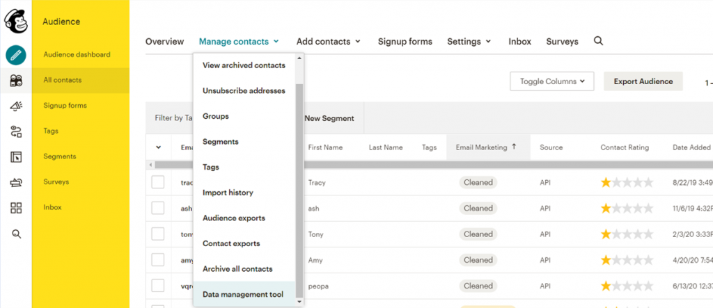 Audience tab > View Contacts > Manage Contacts > Data Management tool” width=”auto” height=”auto” loading=”auto”></div>
</figure>
<p><strong>Step 2: Create a new segment</strong></p>
<p>After that, launch a separate segment and set Email Marketing Status as Cleaned.</p>
<figure class=