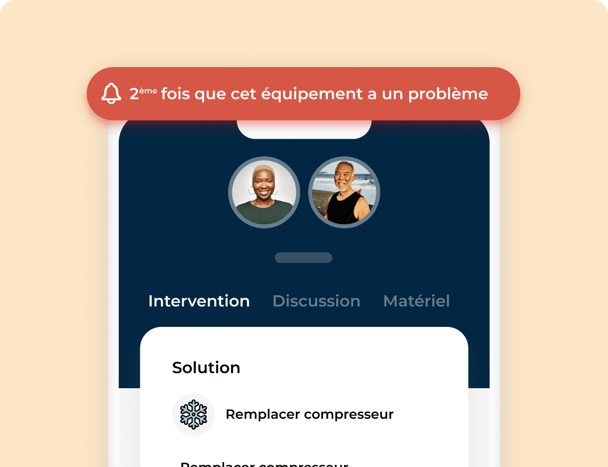 écran de l'application avec une intervention programmée