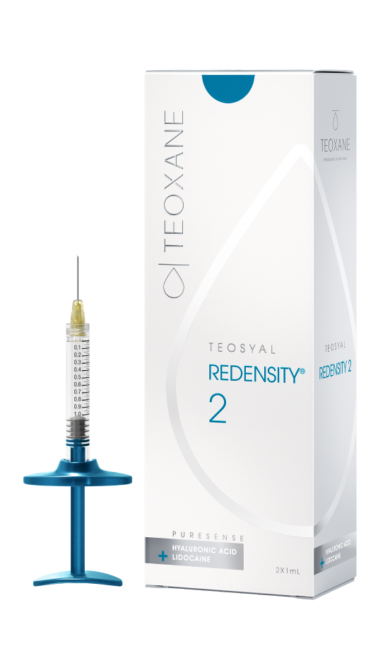 Packshot of the box and syringe of Teosyal® PureSense Redensity 2