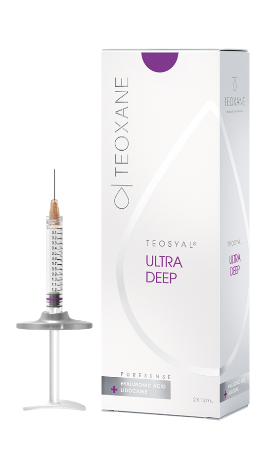 Packshot of the box and syringe of Teosyal® PureSense Ultra Deep