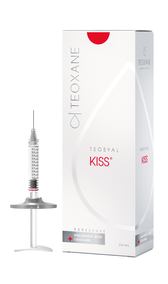 Packshot of the box and syringe of Teosyal PureSense Kiss®