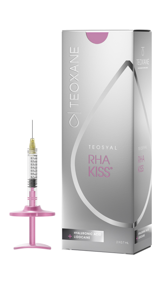 Packshot of the box and syringe of Teosyal RHA® Kiss