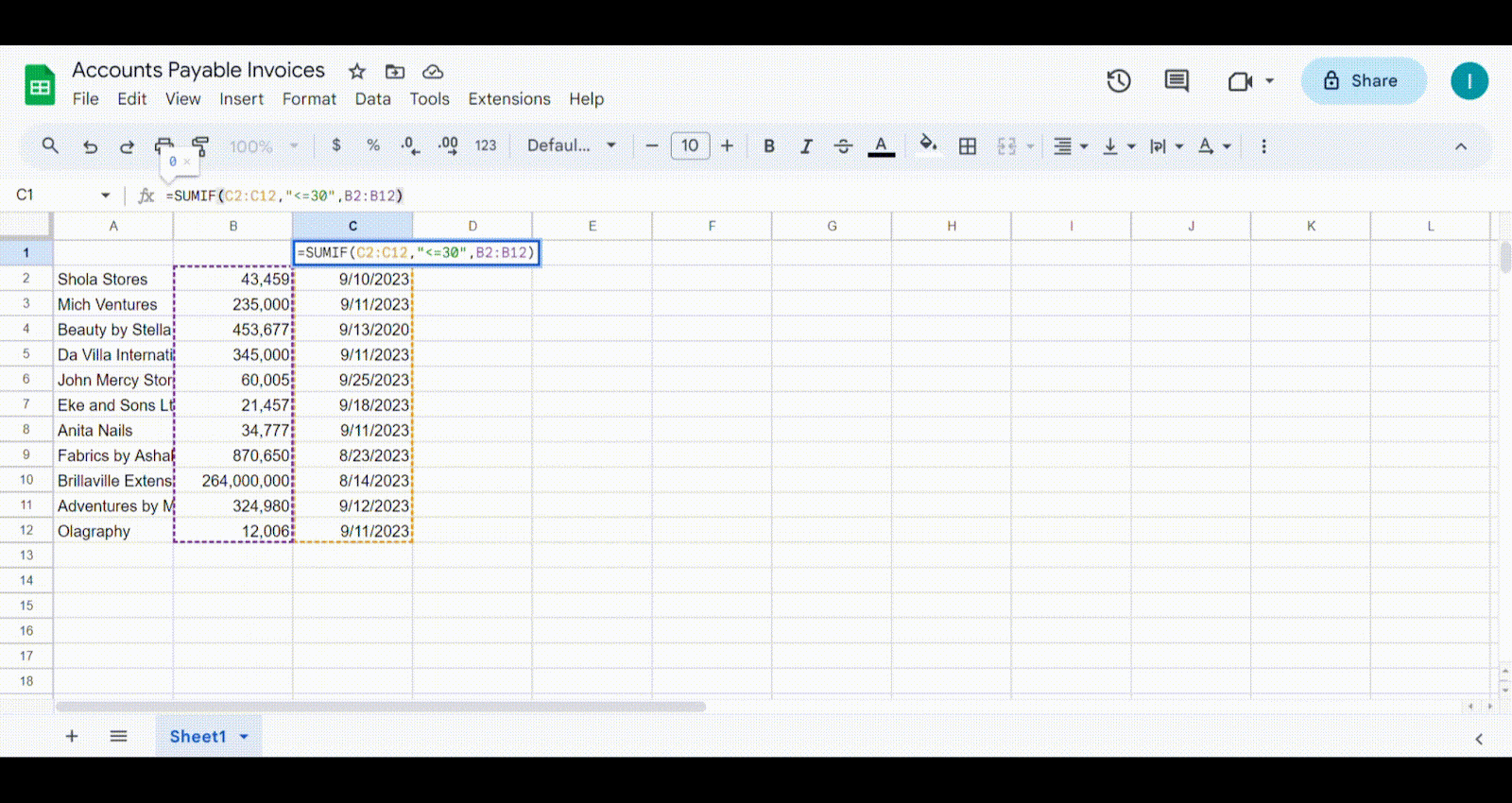 account payable excel formula 2