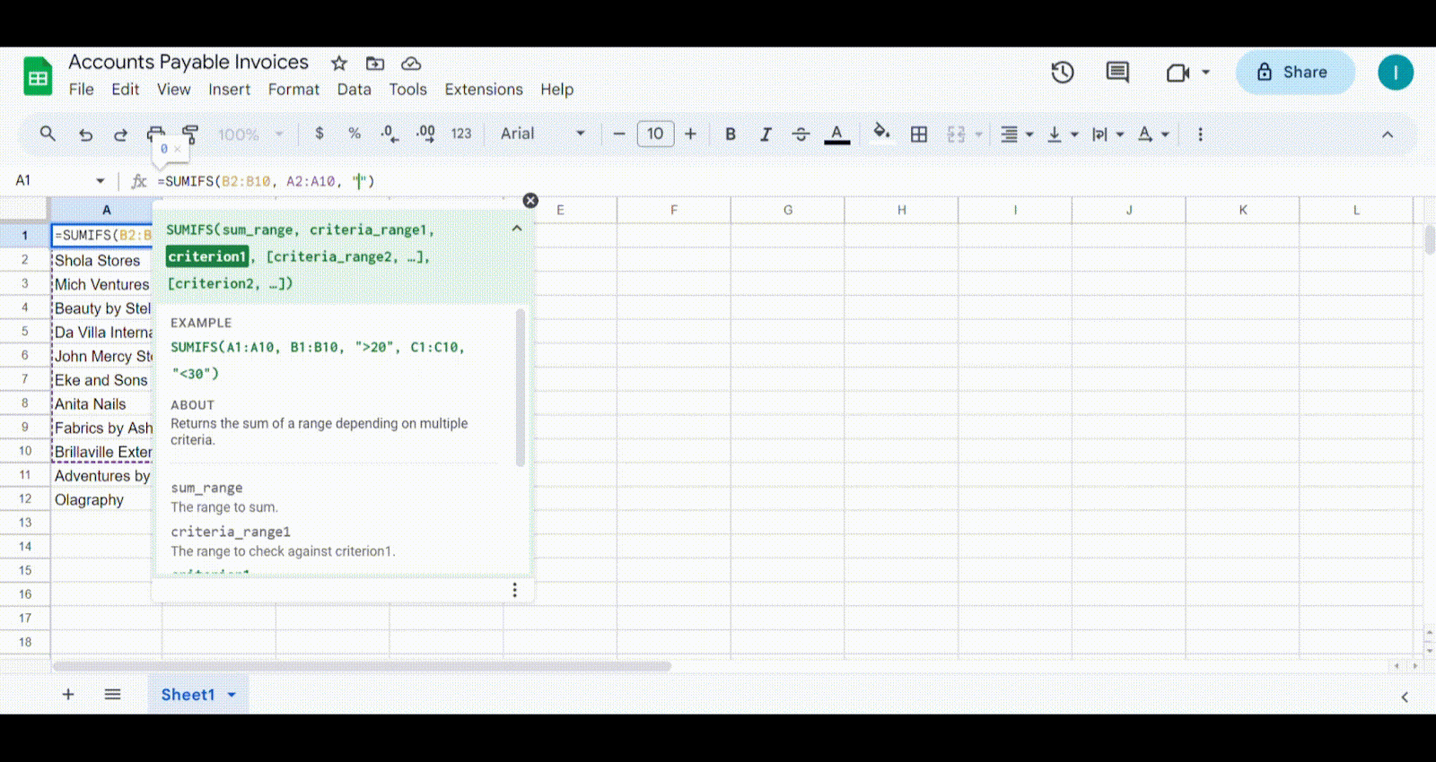 account payable excel formula 3