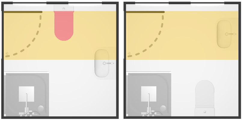 We prefer a layout if the toilet is not in a hypothetical corridor in front of the door. In the layout on the left, the red area indicates the toilet is in this corridor; therefore the layout on the right will be preferred.