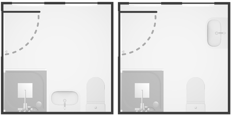 We prefer layouts that disperse the products around the room. Here we prefer the layout on the right, because the layout on the left squashes all products along one wall.