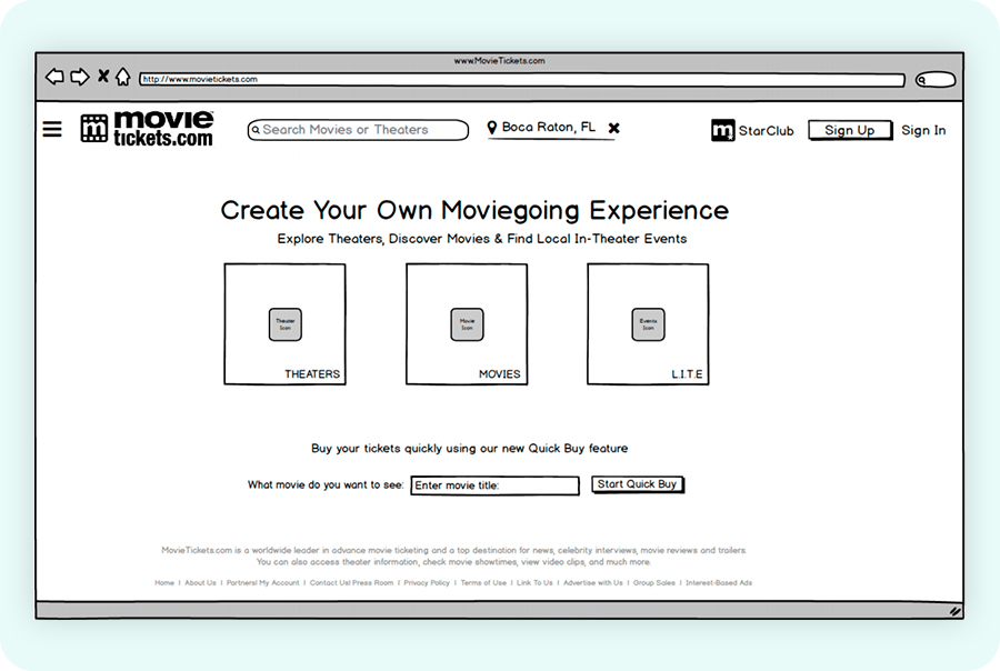 MovieTickets.com Website Redesign, design artifact 1