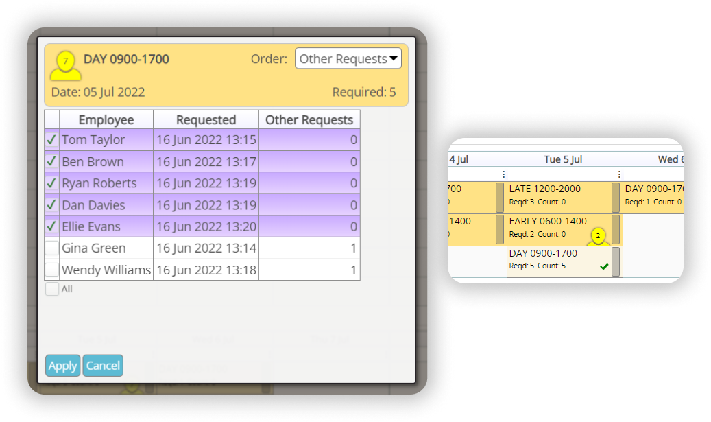 How do I view shift requests and apply them to the Rota?