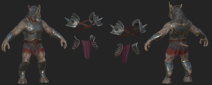 Front and back of Rhinogar wearing its armour in ZBrush