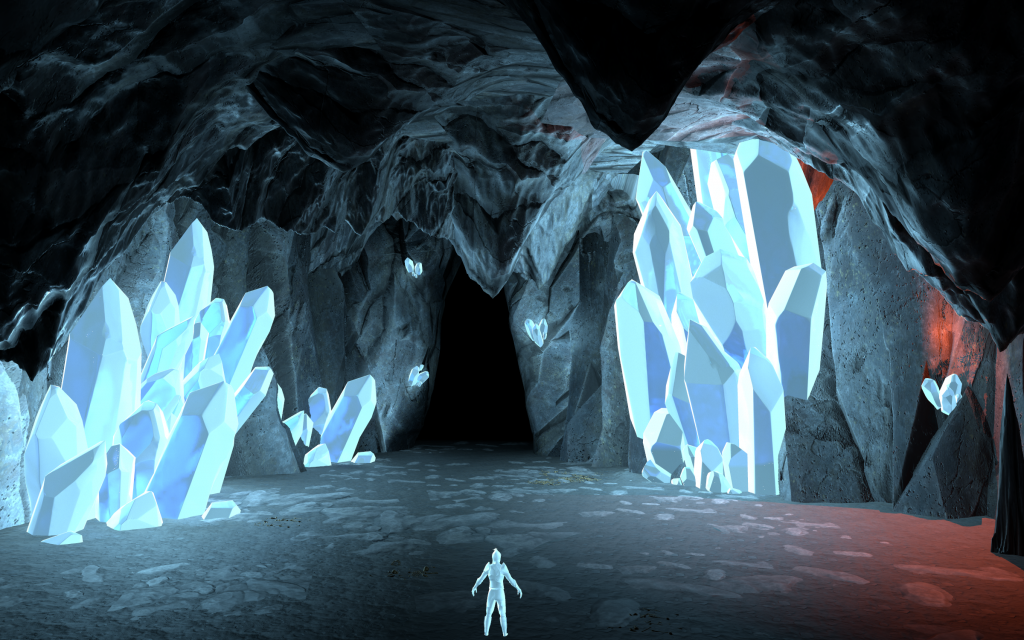 3D render of giant blue crystals glowing in dark cave