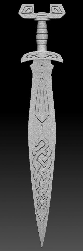 ZBrush sculpt of a stone sword with a celtic knot on its blade