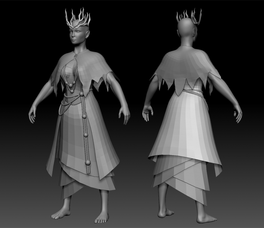Black and white 3D model of a female Forest Druid