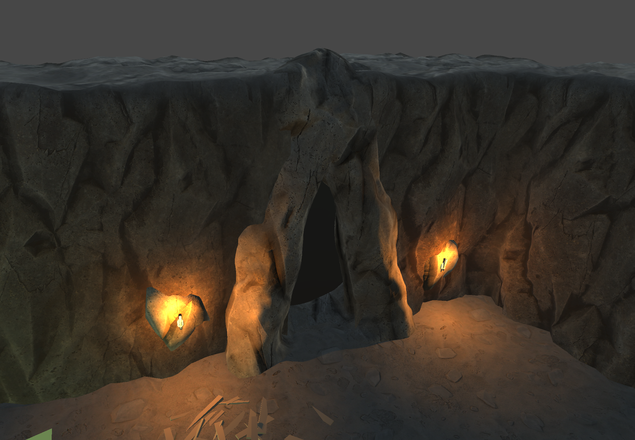 3D render of torches on wall outside cave entrance