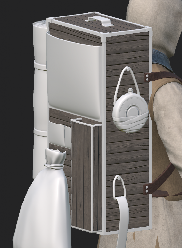 Half-textured 3D model of a Merchant's backpack from Depths of Erendorn