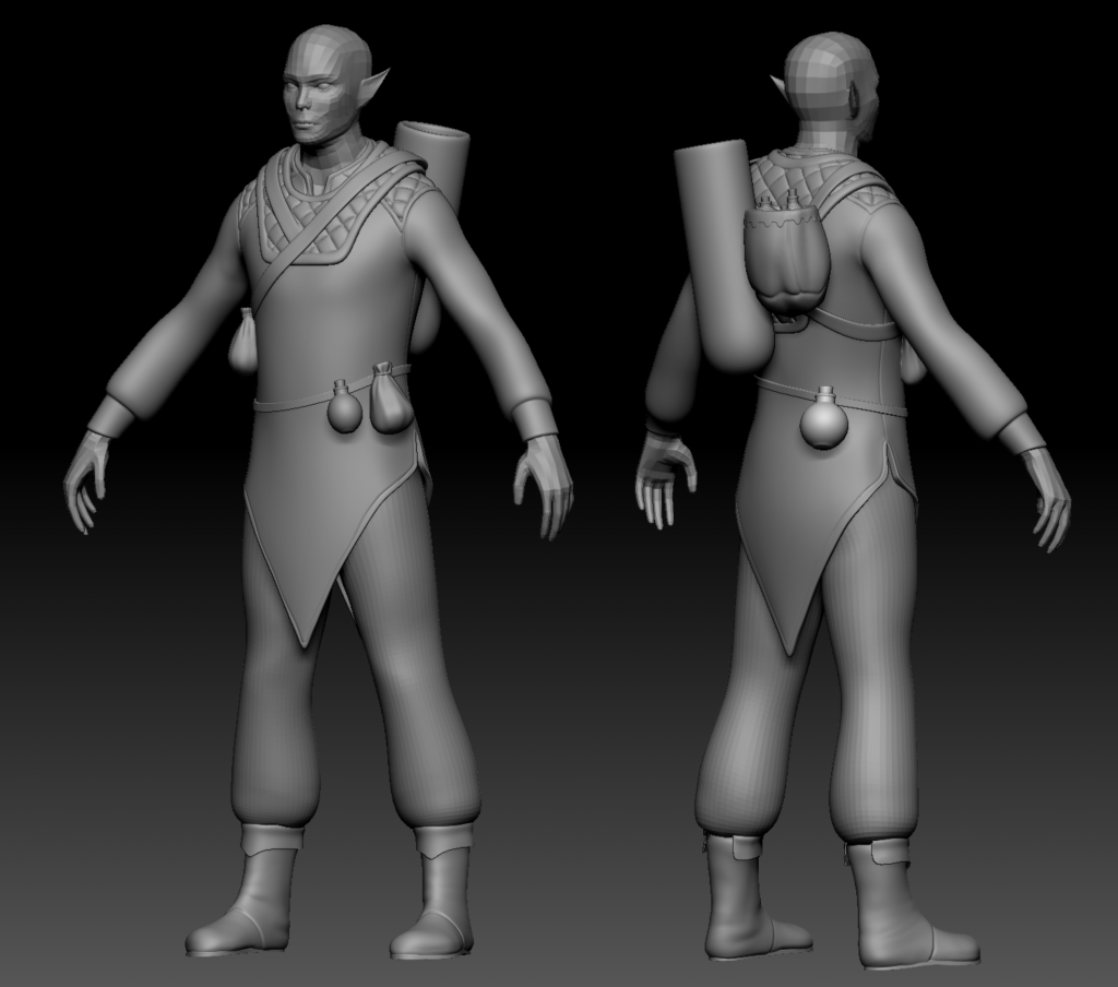 ZBrush blockout of Twilight Elf Merchant clothes and equipment