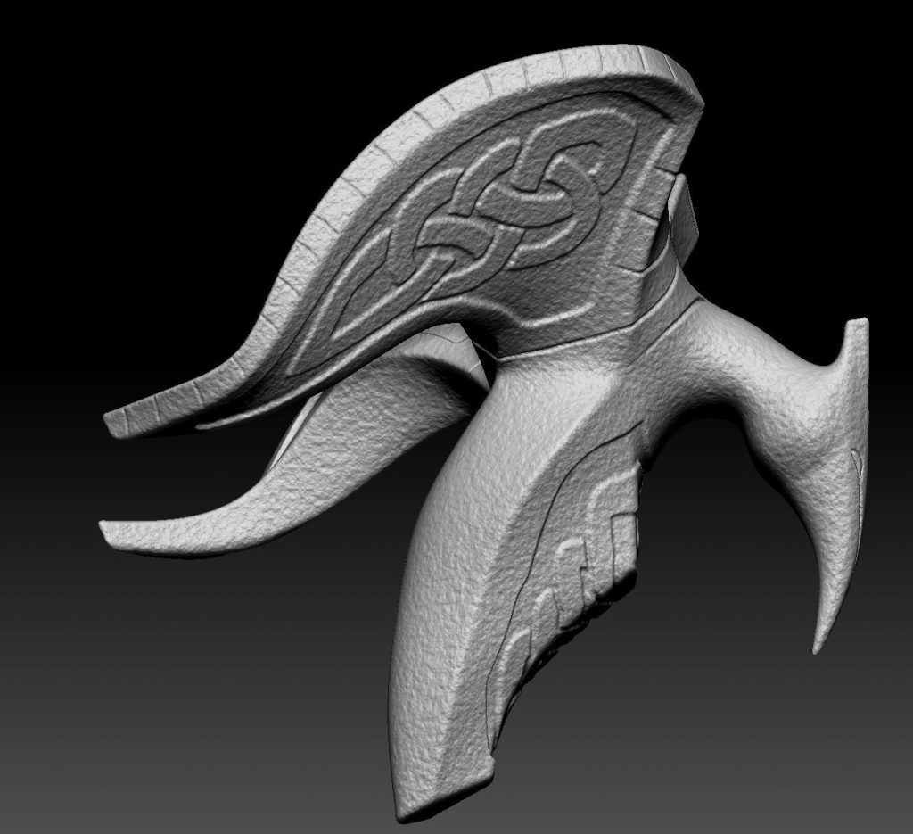 ZBrush sculpt of a stone gargoyle with celtic knot pattern on its wings