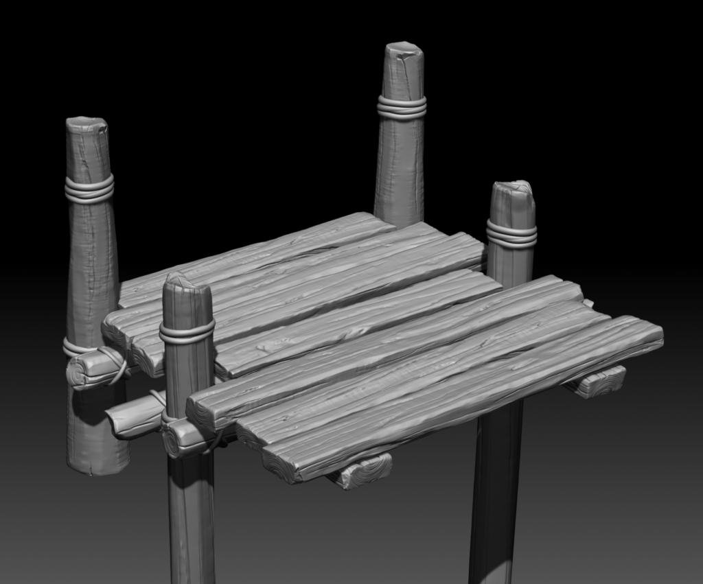 Black and white 3D model of a wooden bridge