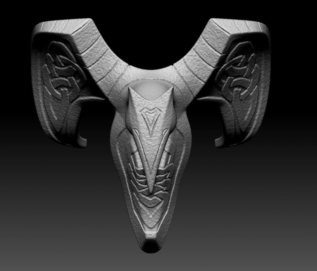 ZBrush sculpt of a stone gargoyle with celtic knot pattern on its wings