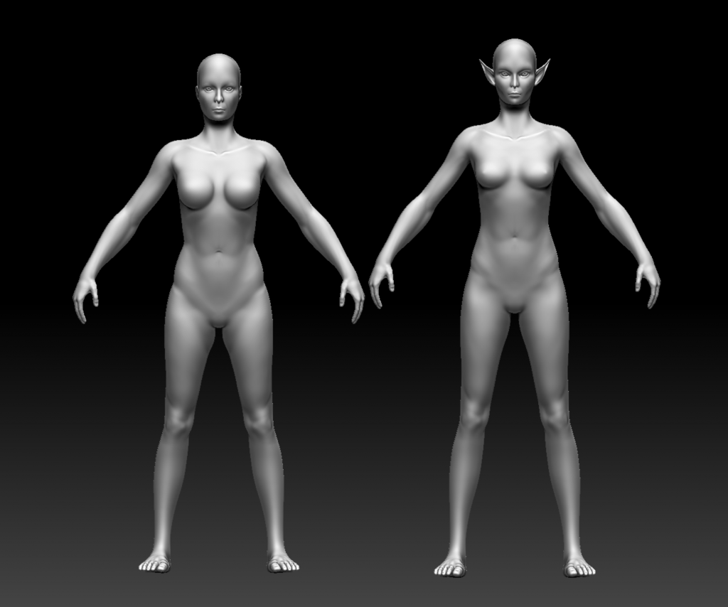 Black and white 3D sculpt of female human and elf