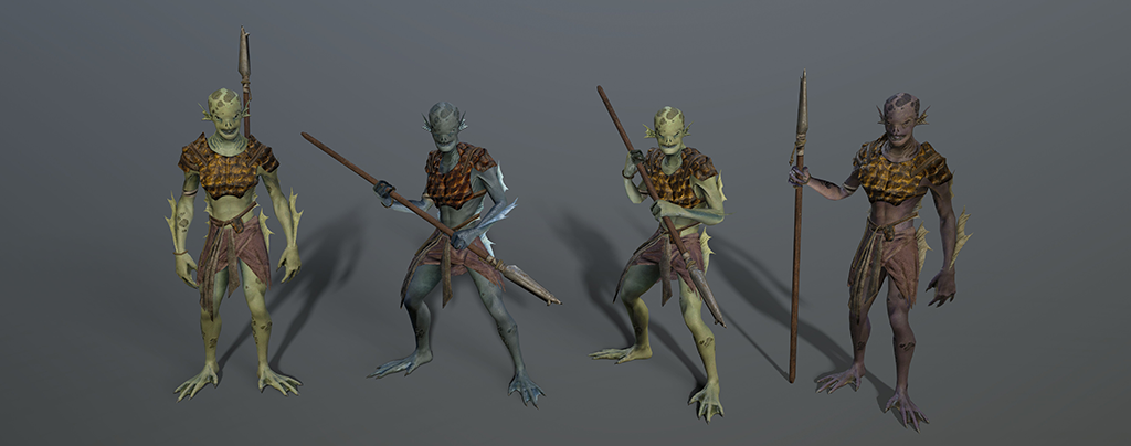 4 3D models of Watertargs posed against a grey background