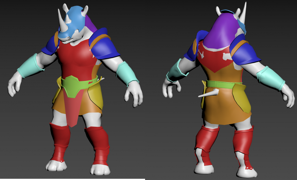 Modelled armour parts sitting on top of the Rhinogar sculpt