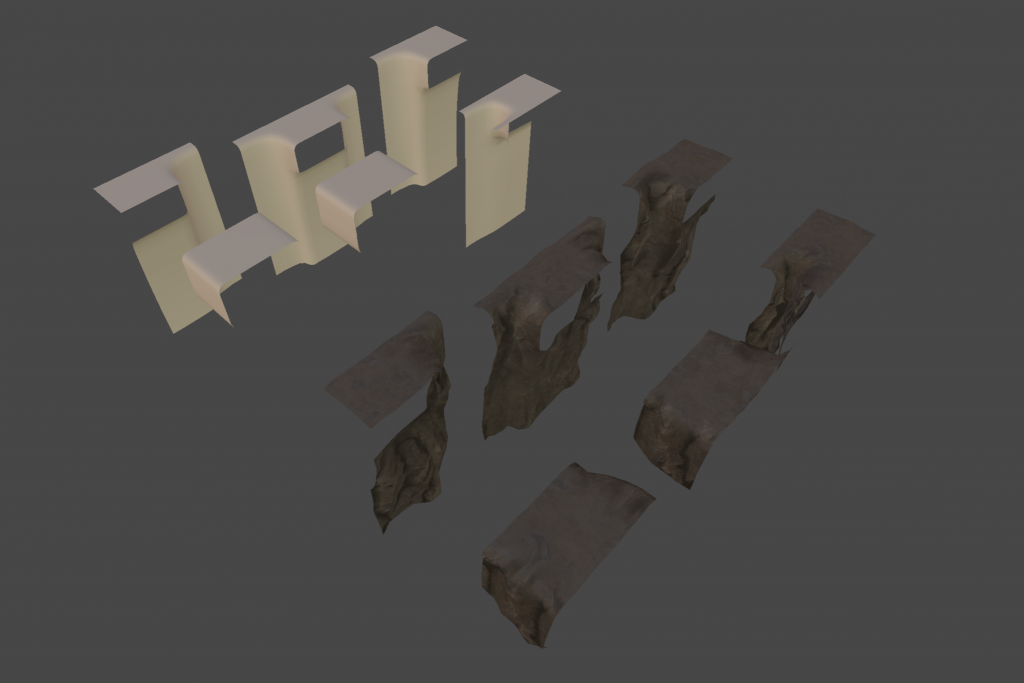 3D renders of bridge pieces with and without the shader