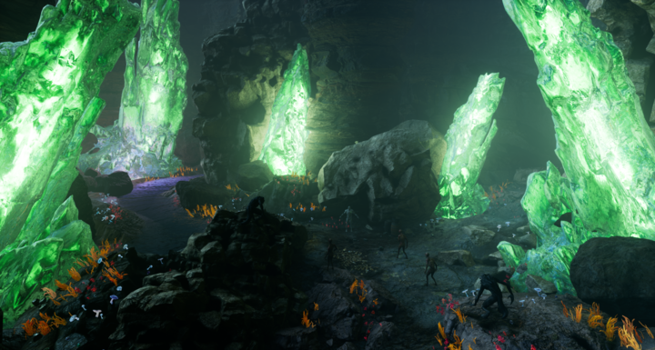 Screenshot of green glowing crystals in a UE4 cave dungeon scene