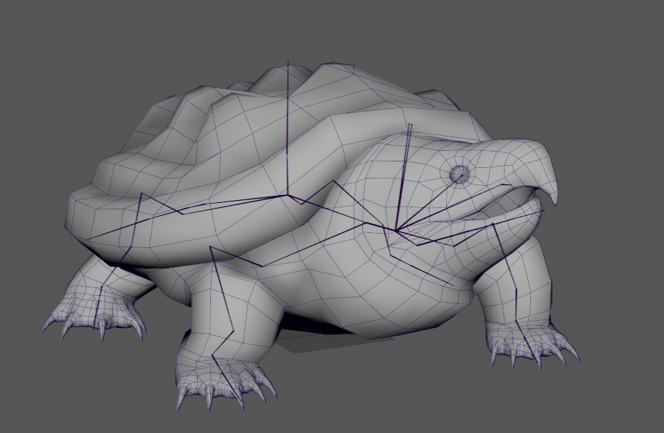 Grayscale model of a snapping turtle with its rig showing