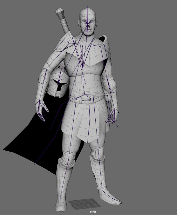 Grayscale model of Human Knight with rig showing