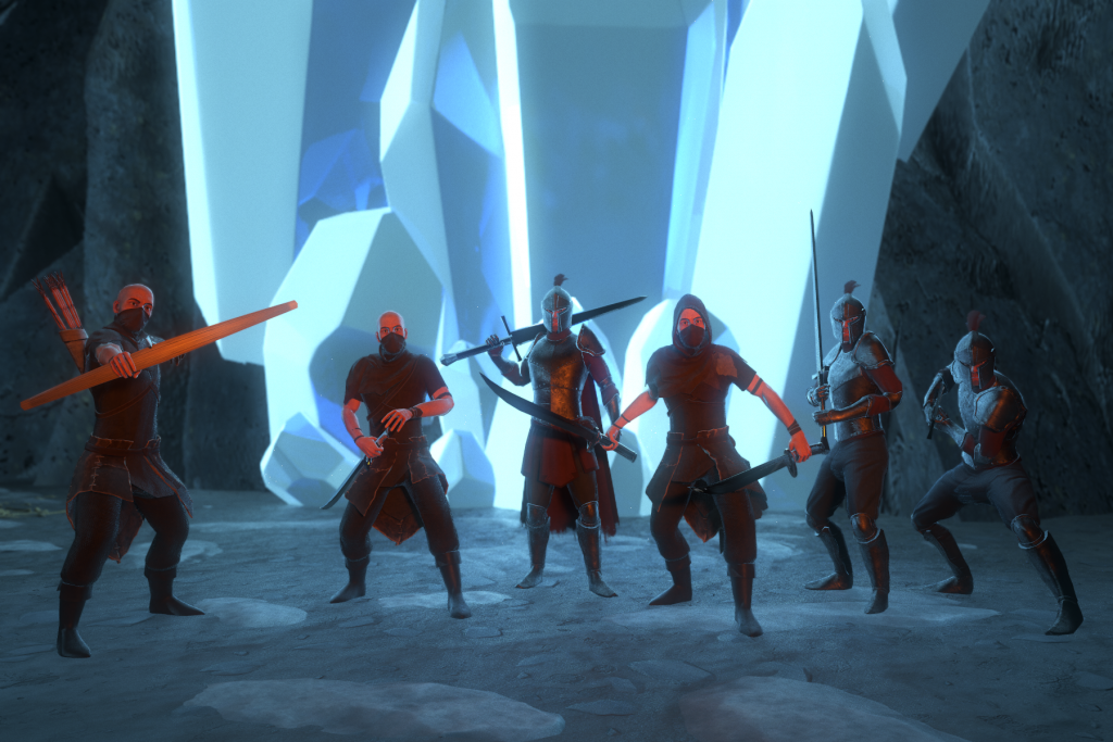 3D render scene of group of bandits in front of giant blue crystals
